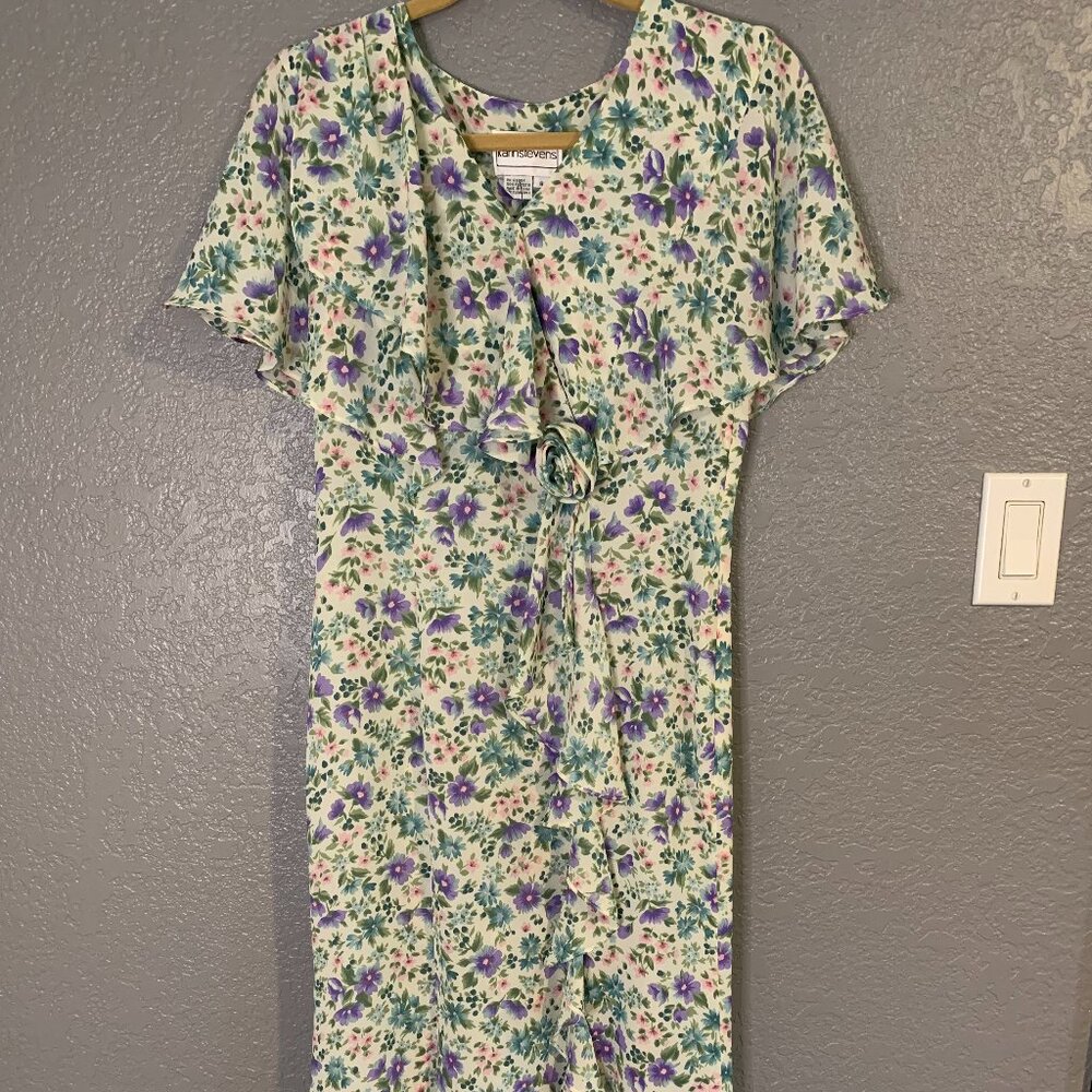 Vtg Karin Stevens Cottage Core Floral Feminine Tea Dress Rayon Size 8